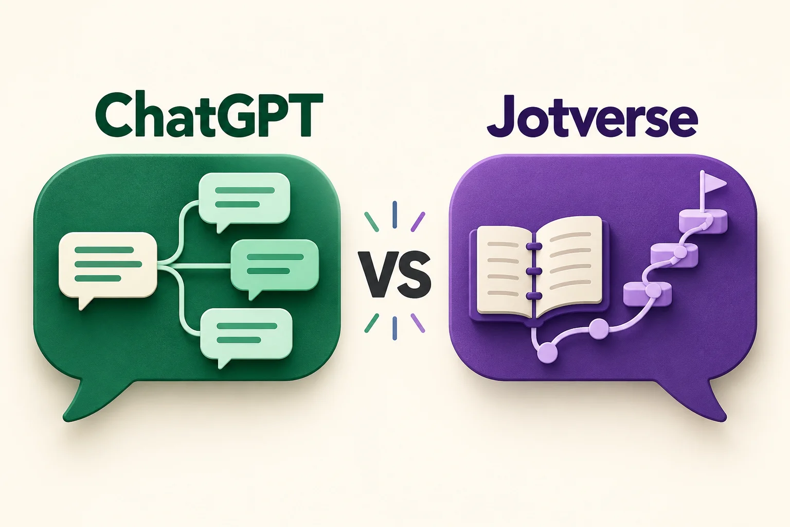 ChatGPT and Jotverse compared through dialogue bubbles and a course notebook with a study path.
