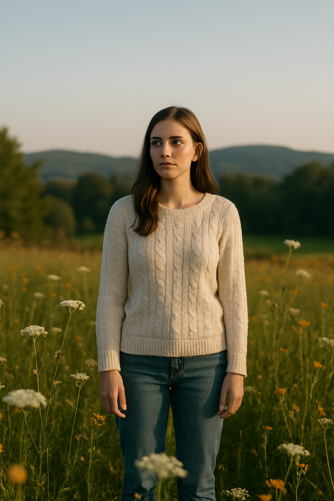 A young woman stands in a sunlit meadow filled with wildflowers, sharply in focus while the background of trees and hills is softly blurred, demonstrating shallow depth of field and directing attention to the subject.