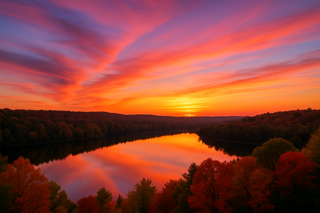 A vivid sunset casts orange, pink, and purple hues across the sky and reflects on a calm lake, surrounded by autumn trees in red, yellow, and green, showcasing harmonious color theory through complementary and analogous tones.