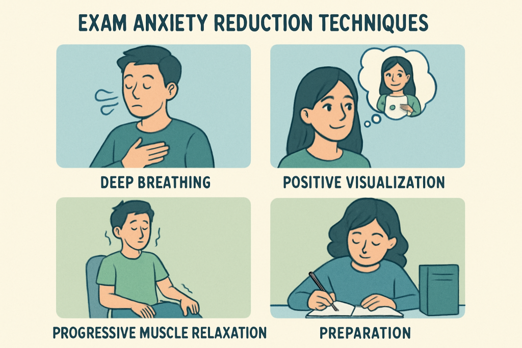 Four-panel illustration showing different anxiety reduction techniques: deep breathing, positive visualization, progressive muscle relaxation, and preparation strategies