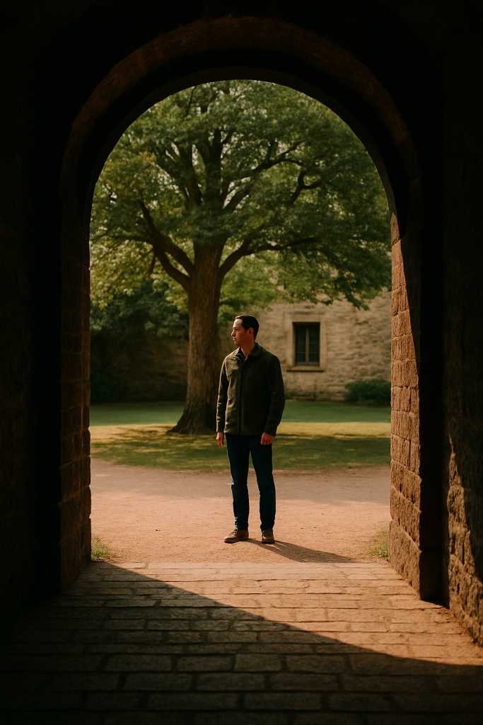 A man stands in a sunlit courtyard, framed by the arch of a stone doorway. Behind him, a large tree and an old stone building create a peaceful, natural setting, emphasizing the concept of framing in photography.