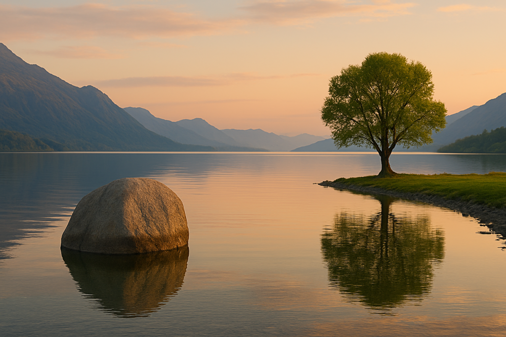 A tranquil lakeside scene with mountains in the background and trees reflecting symmetrically on the still water, illustrating visual balance in composition.