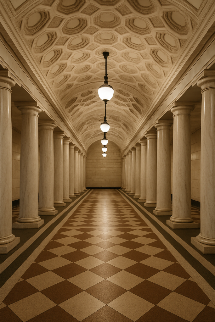 An interior view of a grand neoclassical building showcases repeating arches and columns receding into the distance, forming a symmetrical pattern that draws the eye through the architectural space.