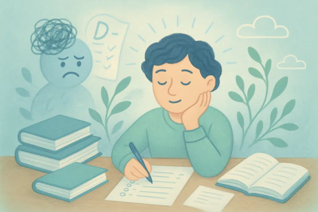 Student transitioning from anxious to calm state while studying, showing the transformation from stress to peaceful focus