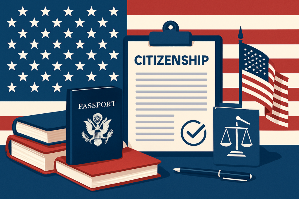 Educational composition with US flag, Constitution document, and citizenship test elements representing the path to US citizenship