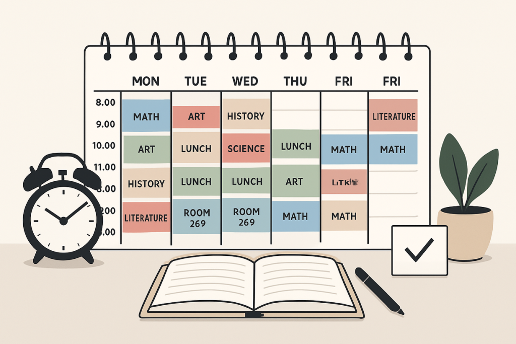 Student schedule with color-coded time blocks for different activities arranged in an organized weekly planner format