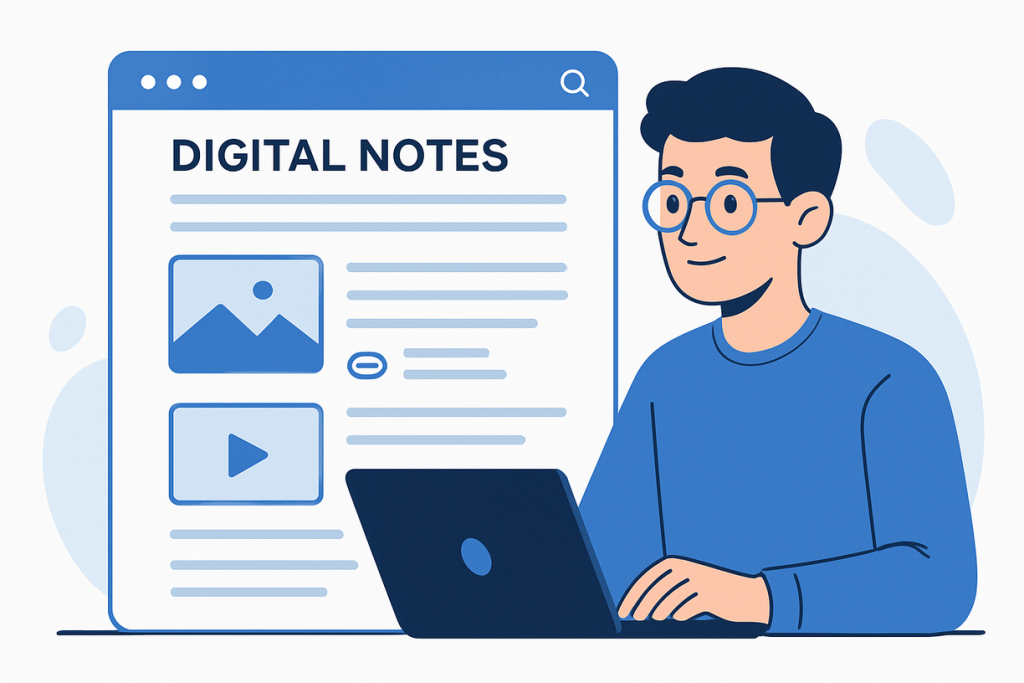 Student using digital note-taking tools on tablet with stylus, surrounded by organized digital elements and cloud synchronization icons