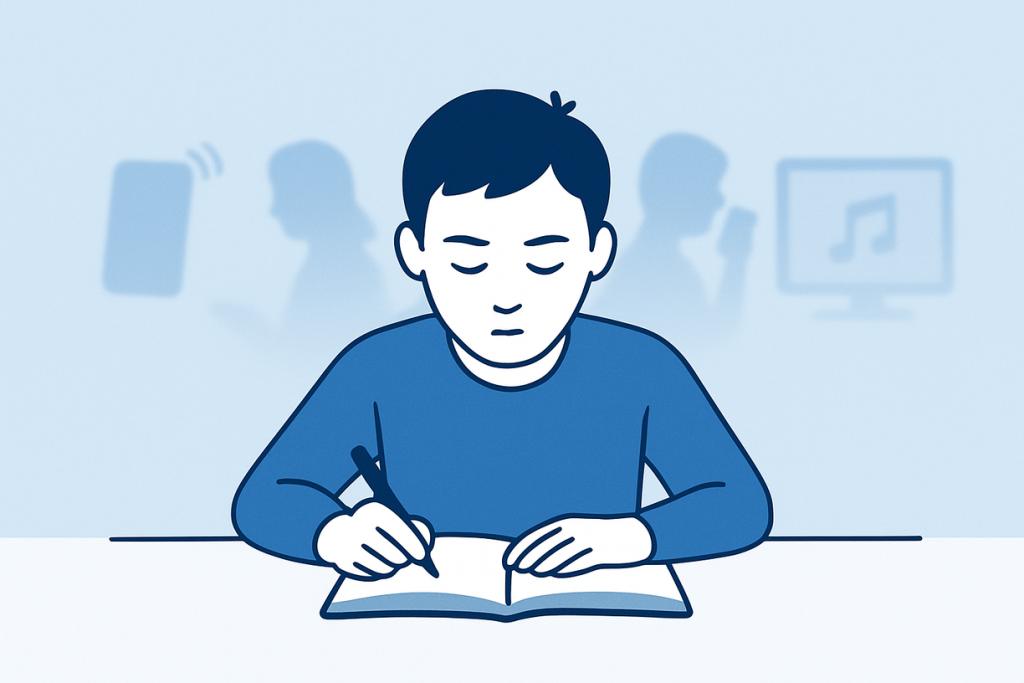 Student in focused study state with brain activity visualization, surrounded by calm, organized study environment with books and minimal distractions