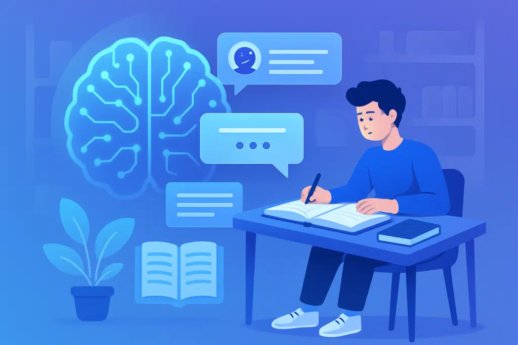 Student using AI-powered study tools on a tablet with visual elements representing personalized learning, knowledge transfer, and academic growth