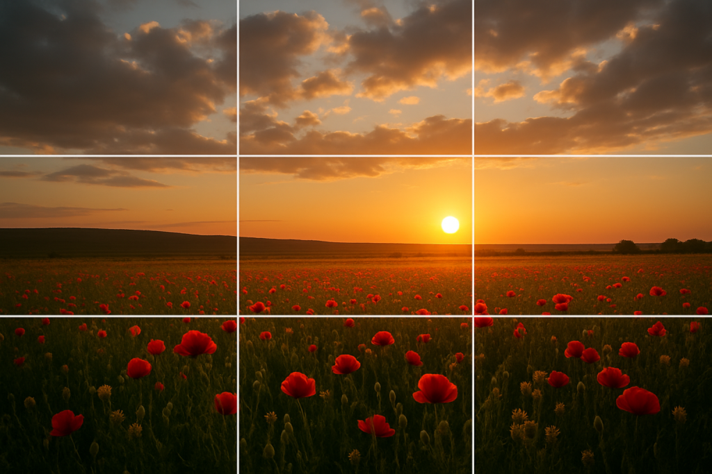 Landscape photograph with rule of thirds grid overlay showing key compositional elements positioned at intersection points and along grid lines