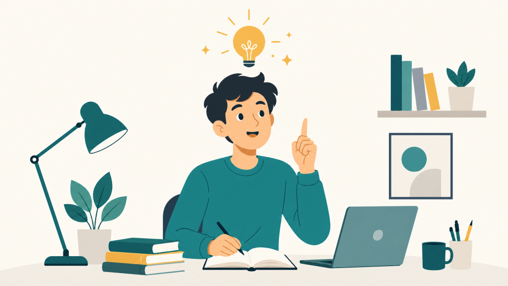 Illustration of a person experiencing an 'aha moment' with a glowing lightbulb above their head, symbolizing sudden comprehesion, understanding and clarity in learning.