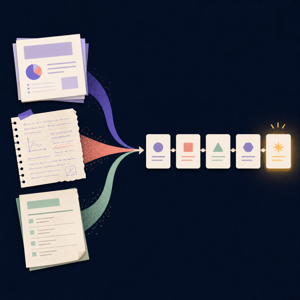 Lecture slides, handwritten notes, and a syllabus flowing into an ordered sequence of study cards